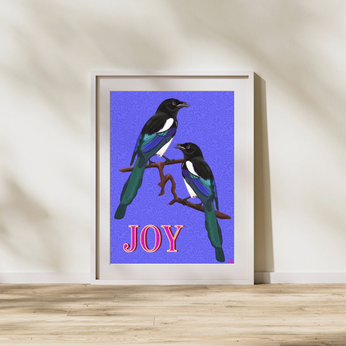 F**king Joy magpie art print in white frame mockup – Leah Gayle Art