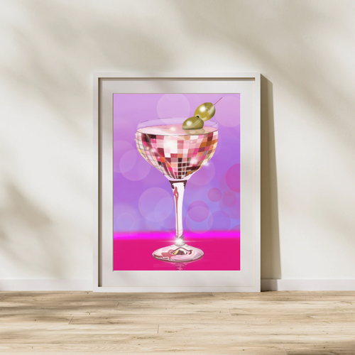 Disco Martini art print in a white frame mockup