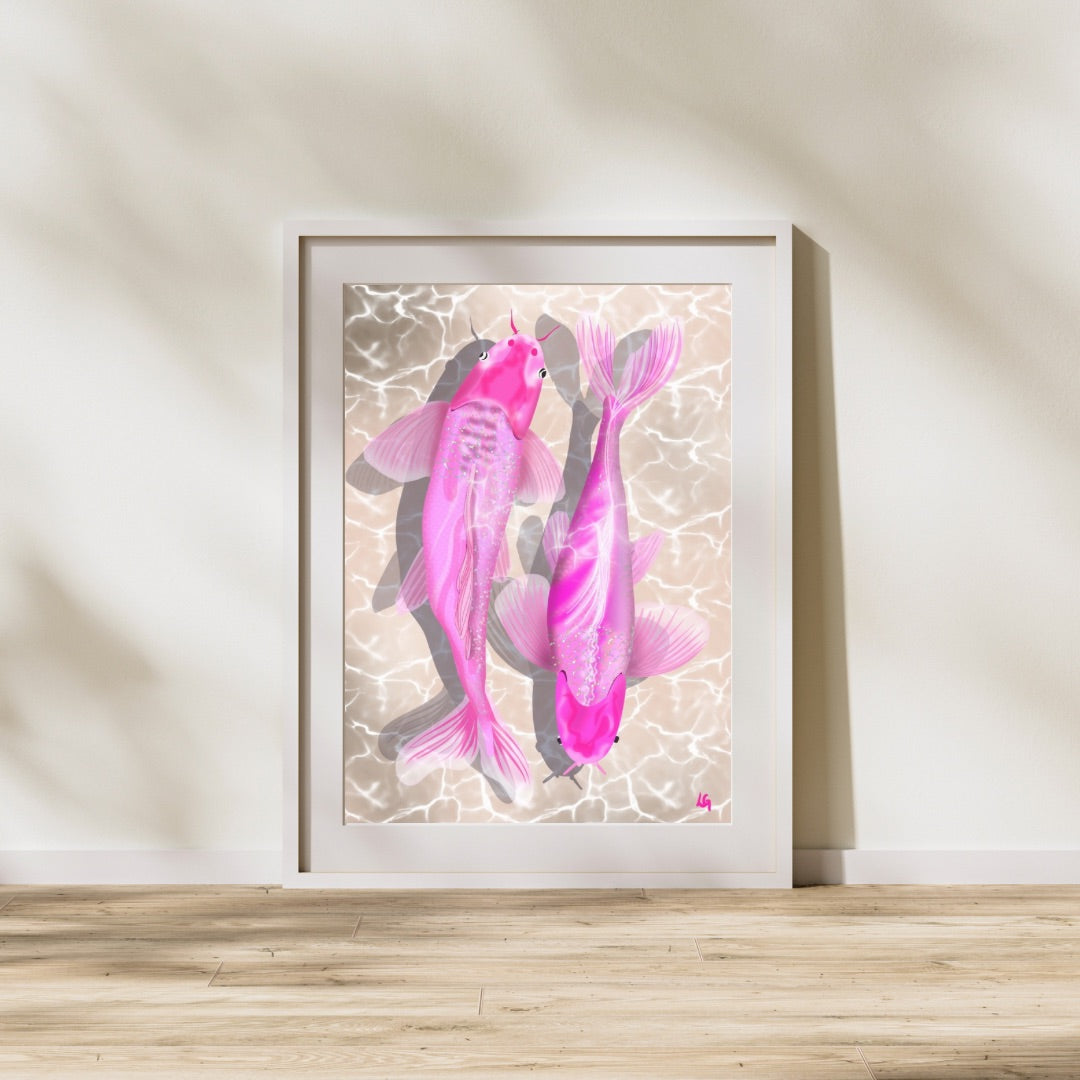 Pink koi art print in white frame mockup – Leah Gayle Art